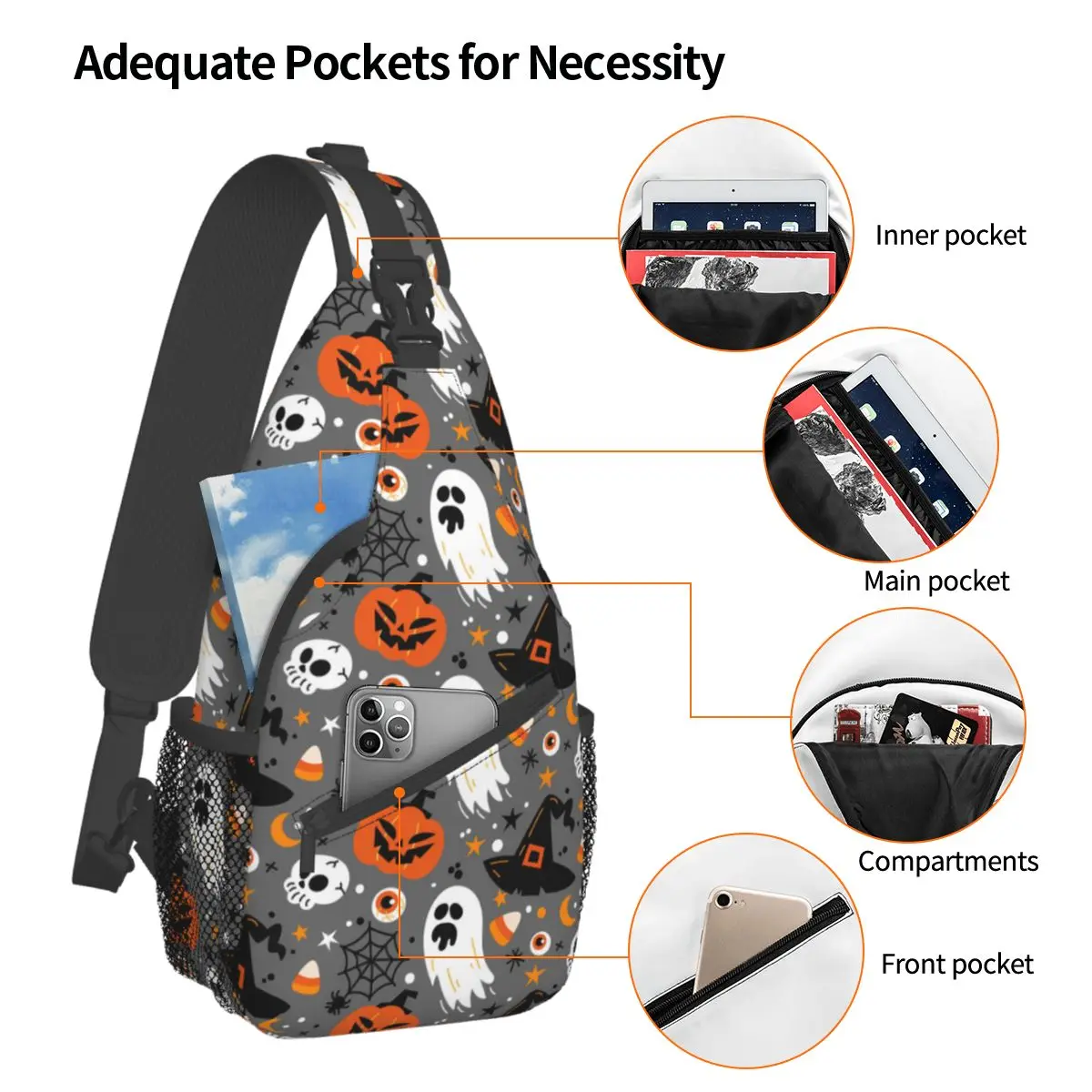 Witch Spider Web Crossbody Chest Bags Halloween Pockets Travel Pack Messenger Sports Teens Shoulder Bag Unisex