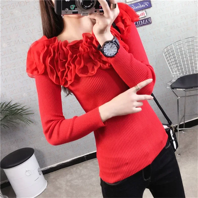 Neploe Autumn Fashion Knitted Sweater 2024 New Slim Slash Neck  Sweater Wild Lace Flowers Pullover Sweater Woman Tops 65736