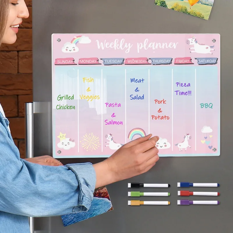 Cartoon Magnetic Acrylic Weekly Planner Message Board with Erasable Magnetic Fridge Sticker Whiteboard