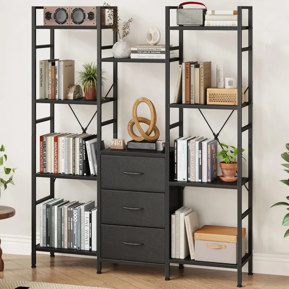 

Triple Bookshelf with 3 Fabric Drawers, 4-Tier Book Shelf and 10 Display Shelves, Industrial Large Bookcase for Home & Office, B