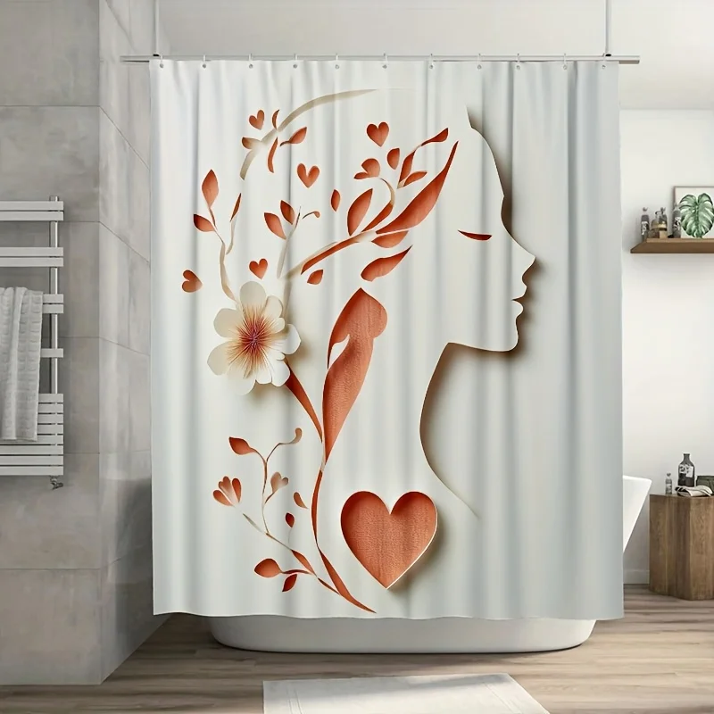 

Stylized Minimalist Mother's Profile Shower Curtain - Heart & Flower Details, Includes Plastic Hooks, Modern Bath Decor