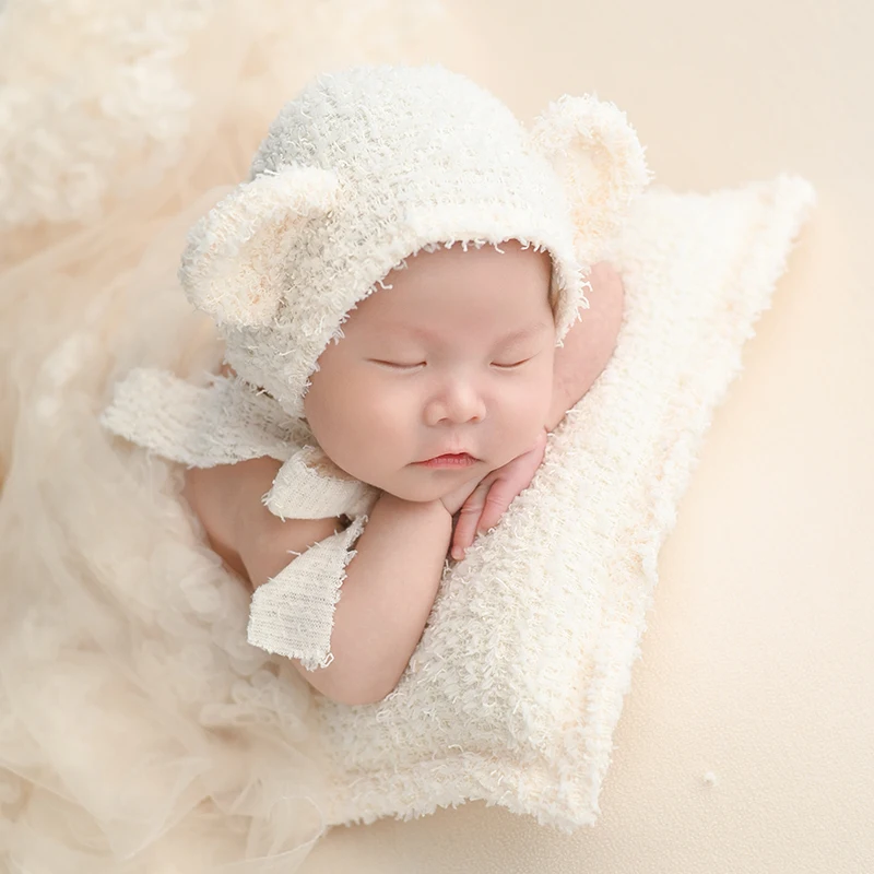 KD – accessoires de photographie pour nouveau-nés, ours en peluche, chapeau d'oreille, oreiller réglable avec cordon de serrage, oreiller à nœud doux, accessoires de séance photo pour bébé en Studio