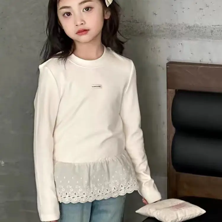 Girls Base Shirt 2026 Spring New Korean Version Lace Border Solid Color Base Shirt Casual Daily Wear