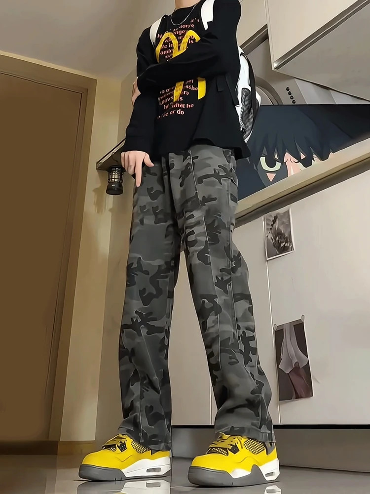 

American Style Thickened Camouflage Work Pants Men's Spring Autumn Hiphop Fleece Lined Thickened Bell Bottom Straight Leg Sli...