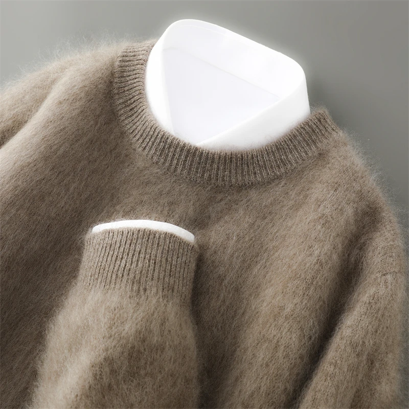 Men's O-Neck Pullover Sweater Fluffing Pure Wool Knit Warm Solid Color Business Bottoming Long Sleeve Top for Autumn Winter