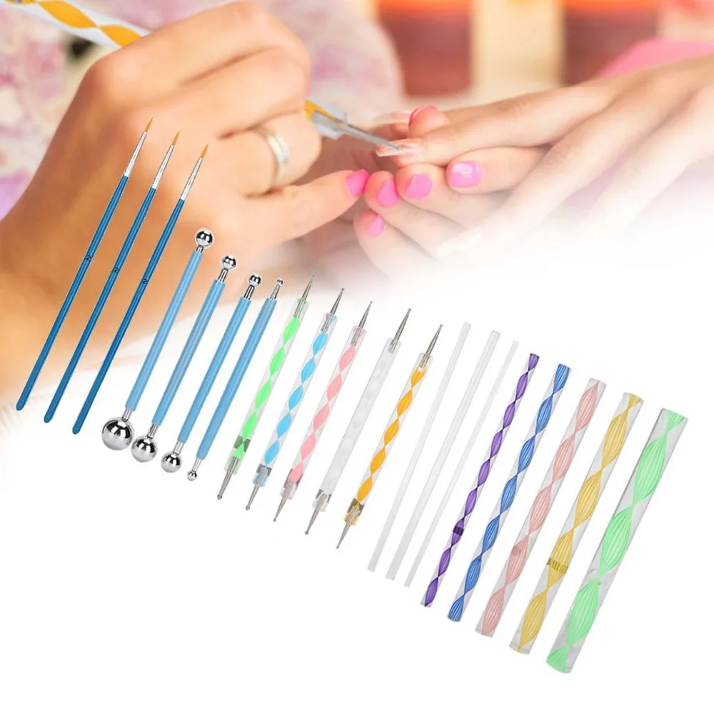 20pcs Double Sided Double Sided Nail Art Dotting Tool Set Ball Stylus Acrylic Rods Nail Rhinestone Picker & Pattern Drawing Set