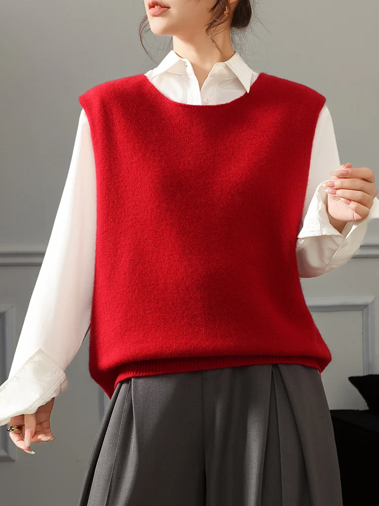 

Women O-neck Vest 100% Merino wool Sleeveless Pullover Sweater Spring Fall WinterSoft Knitwear Vest Korean Fashion Waistcoat Top