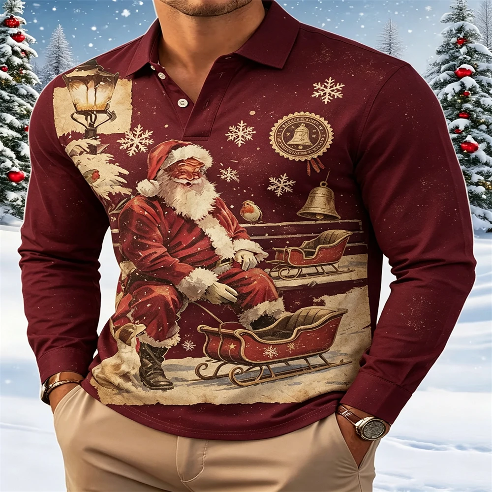 Men Christmas Santa Claus Vintage Print Long Sleeve Polo Shirt Lapel Button Pullover Tops   Pattern Casual Xmas Holiday Shirts