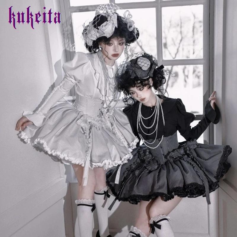 Kukeita Gothic Lolita 2Pcs Set Black White Long Sleeve Blouse Sweet High Waist Striped Puffy Mini Skirt Vintage Princess Outfit