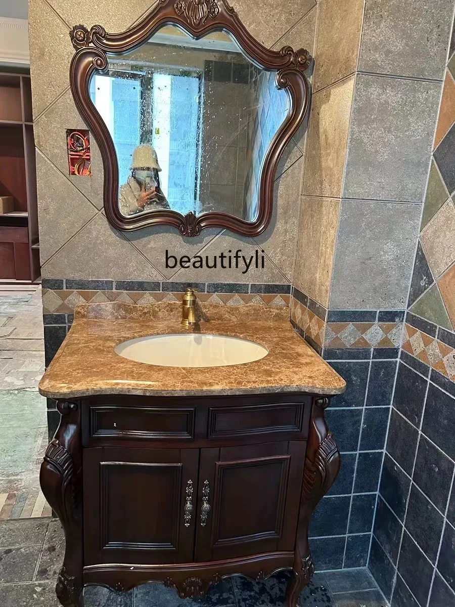 

ff European antique oak bathroom cabinet marble countertop sink basin cabinet combination