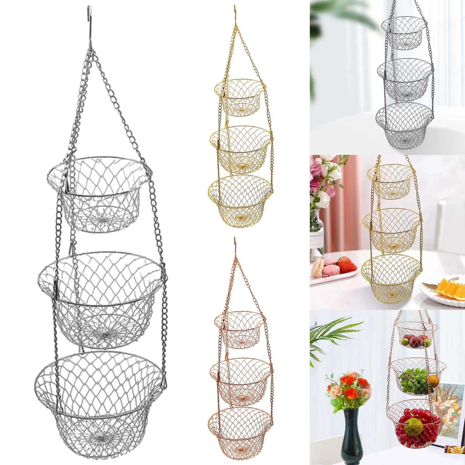 سلة فواكه معلقة من 3 طبقات مع خطافات سقف معدنية وحامل خضروات تحت