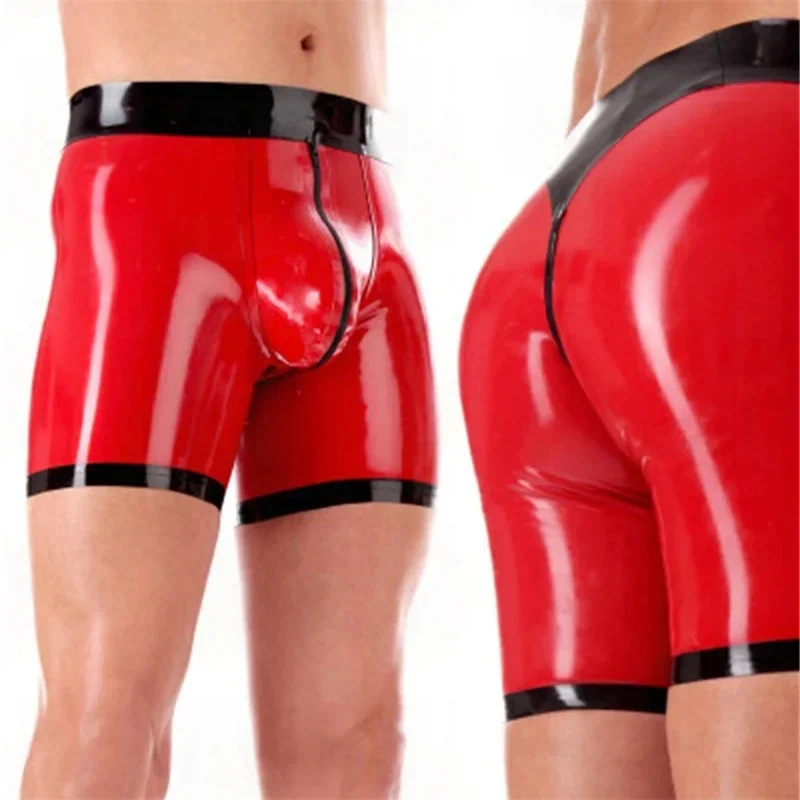 

Red with Black Fetish Latex Rubber Shorts Crotch Zip Sexy Latex Short Pants Rubber Men's Panties Shorts U Pouch