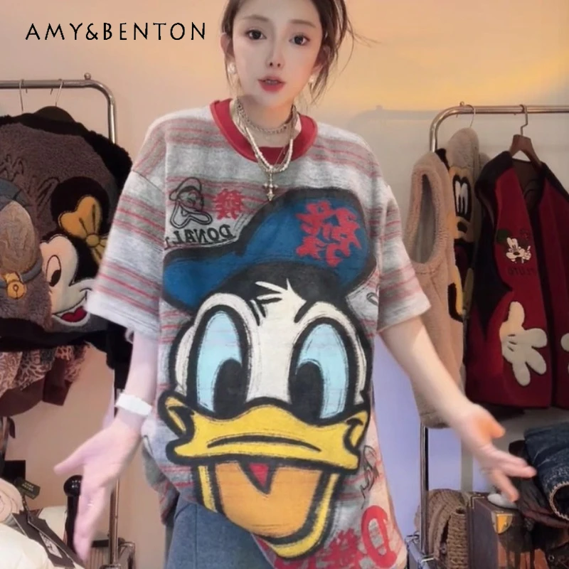 

2026 Autumn Winter New Cartoon Style Embroidered Fortune Girl Loose Oversized T-shirt American Retro Design Top Tshirts Pullover