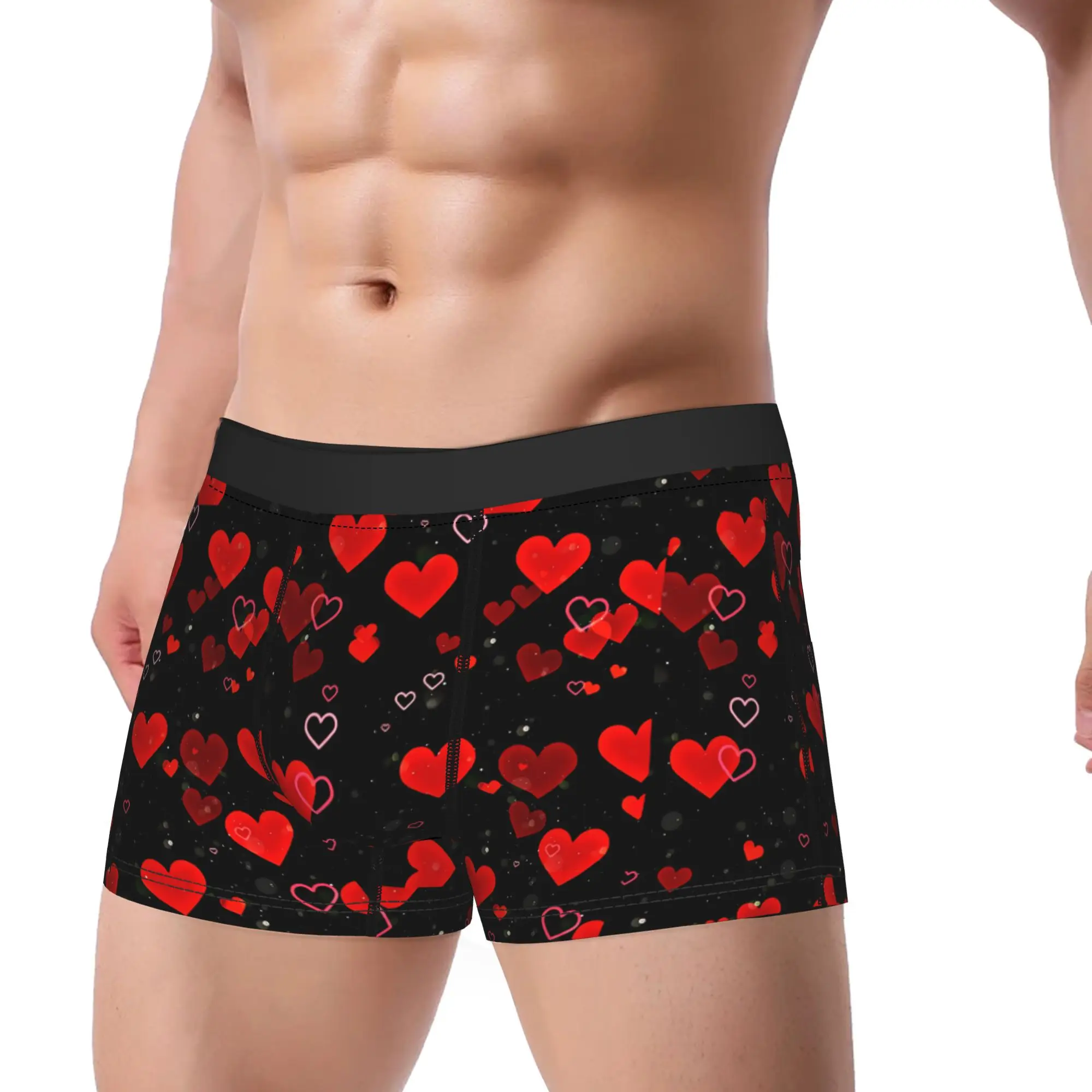 1pc Christmas Boxer Briefs Underwear Shorts with Red & Black Heart Pattern - Comfortable Panties, Holiday Gift for Him, Casual &