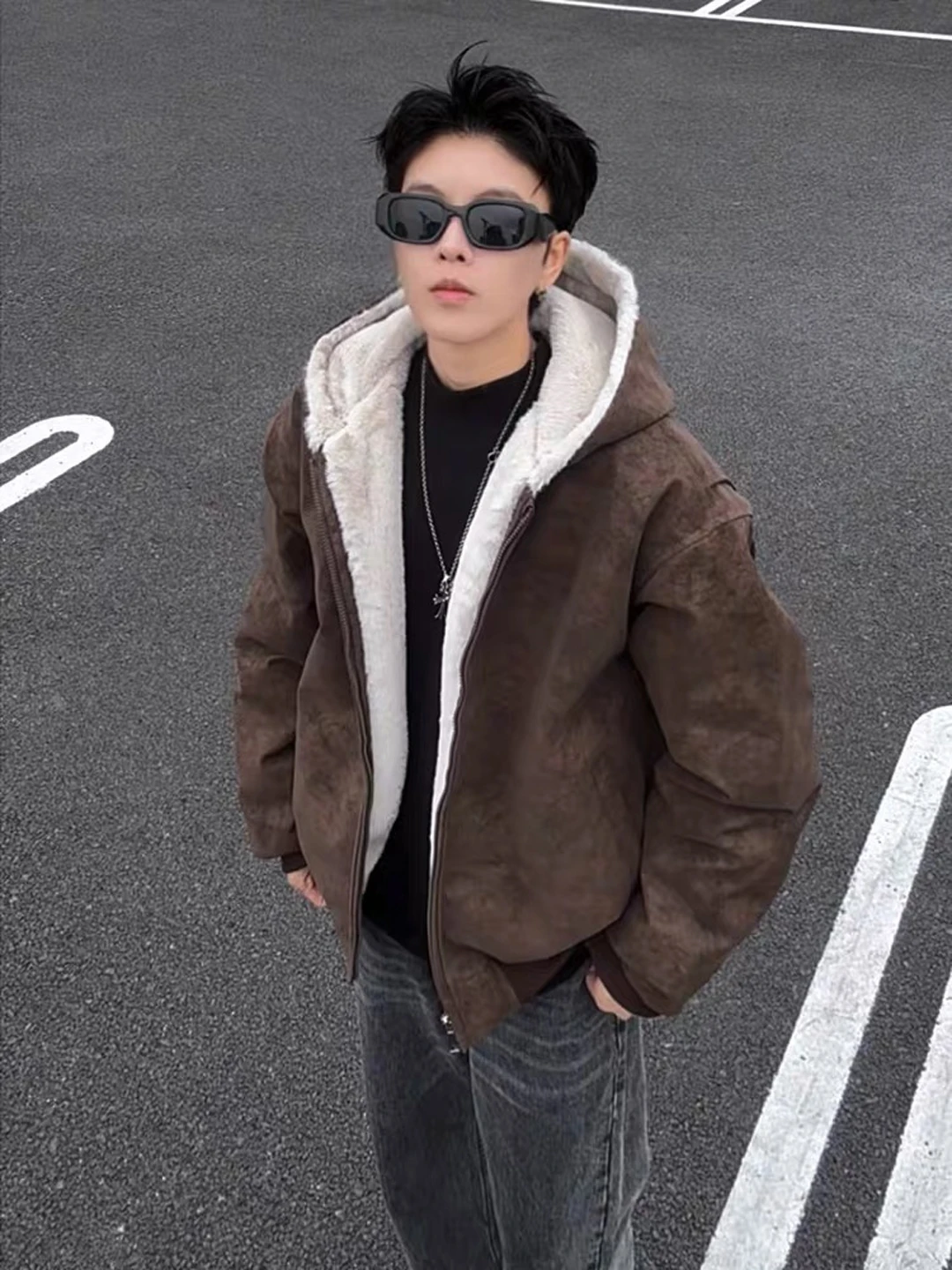 

Cé Brown Motorcycle Jaet Thiened Winter Coat Men's Cotton PU Leather Fur Inteated Stand Fit Casual Hooded Coat