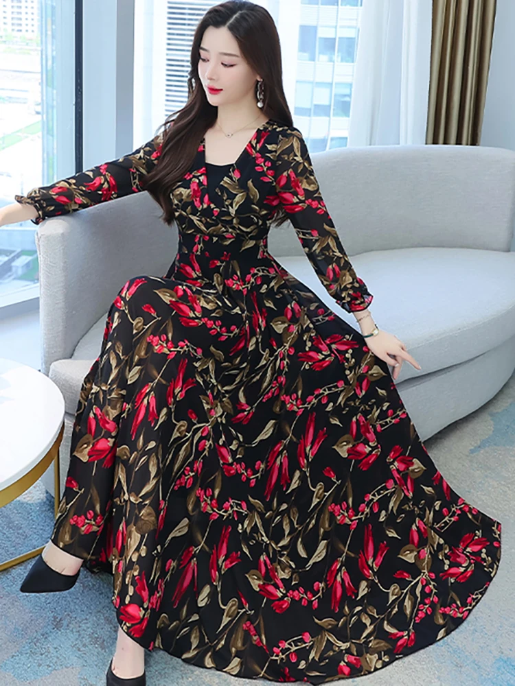 2024 Vintage Luxury Chic Prom Dress Spring Autumn Elegant Bodycon Party Evening Dress Women Casual Floral Long Sleeve Maxi Robe