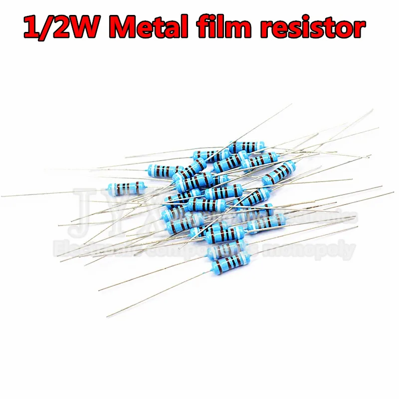 50pcs 1/2W Metal film resistor 1R~10M 1% 1R 2.2R 5.6R 100R 220R 330R 1K 1.5K 2.2K 3.3K 4.7K 10K 22K 47K 100K 470K 330K 2.2M ohm