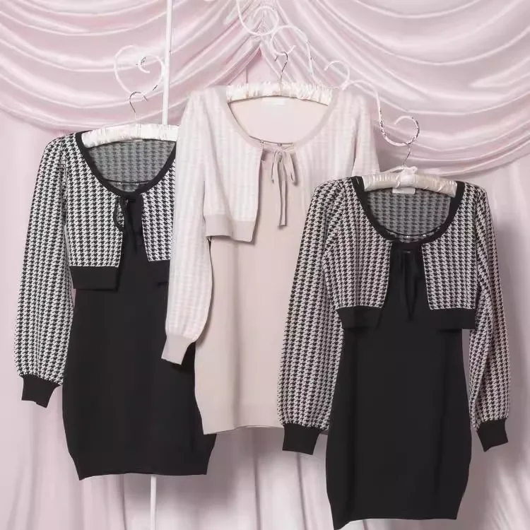 Vestido cárdigan de punto dulce japonés para niña, conjunto de 2 piezas, conjunto de vestido de punto elegante adelgazante para primavera y otoño