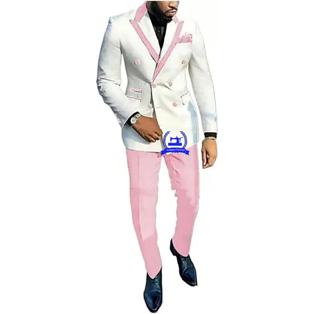 Nuevos trajes blancos a medida con doble botonadura para hombre, esmoquin con solapa superior, traje masculino ajustado para novio, conjuntos de dos piezas para graduación