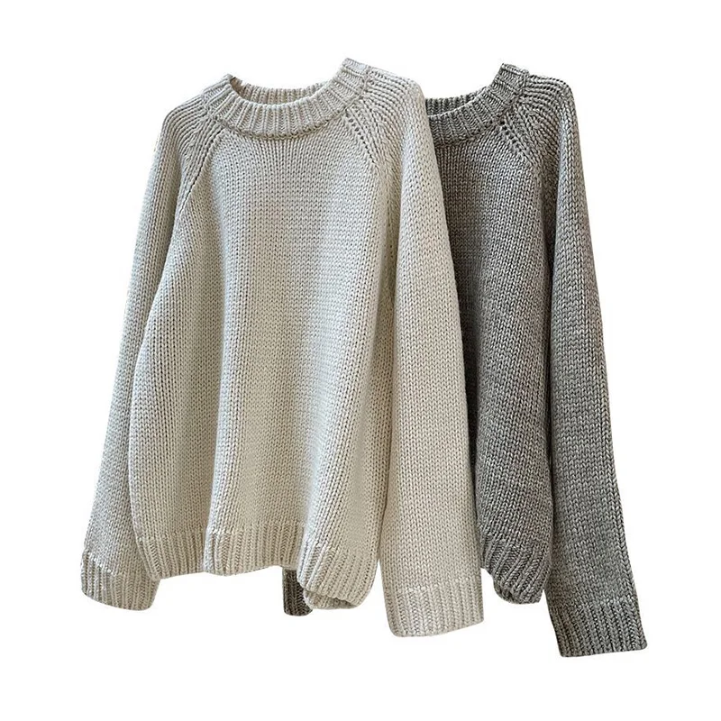 Women Retro Simple Crewneck Wool Sweater Thick Line Cashmere Knitted Pullovers Ladies Casual Loose Knitwear Winter