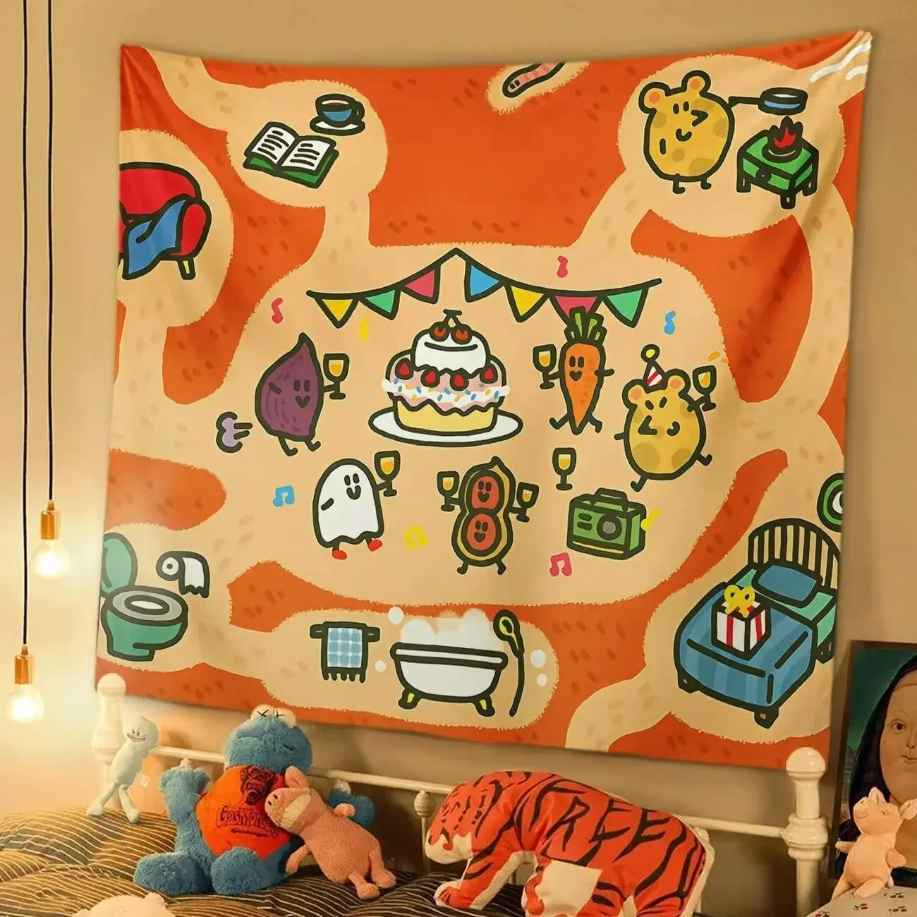 Cute Cartoon Little Ghost Wall Tapestry Funny Haunted House Decor for Halloween Conceal Flaws Background Hanging Cloth