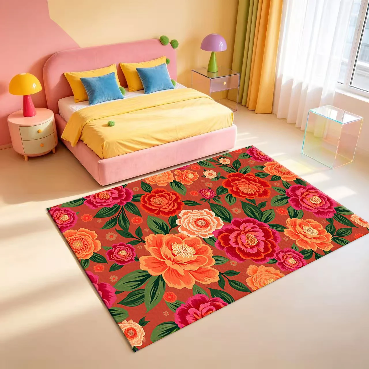 Vibrant Red Background Peony Flower Carpet Bohemian Style Home Interior Decoration Carpet