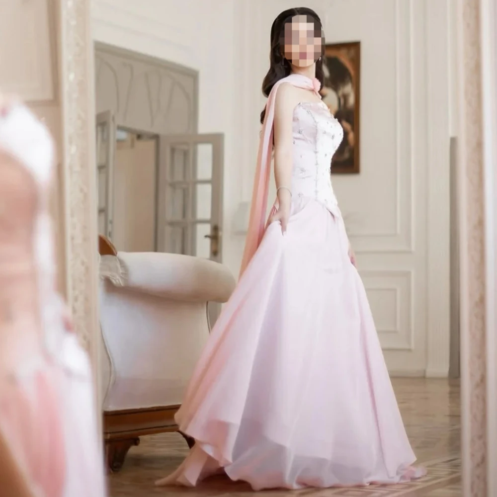 

Luxury Evening Dresses A-line Strapless Satin Crystal Long Dress Exquisite High Quality Prom Party Gowns for Women Customized