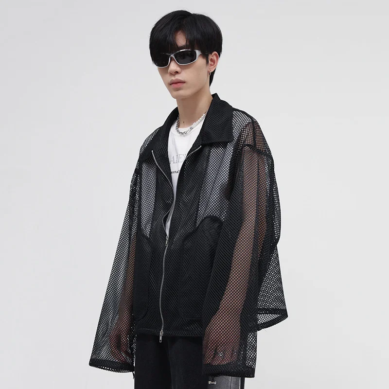 Oversized Menswear Jackets 2022 Spring New Hollow Out Design Clothes Male Korean Loose White Zipped Coat Lapel Coats 2A0283