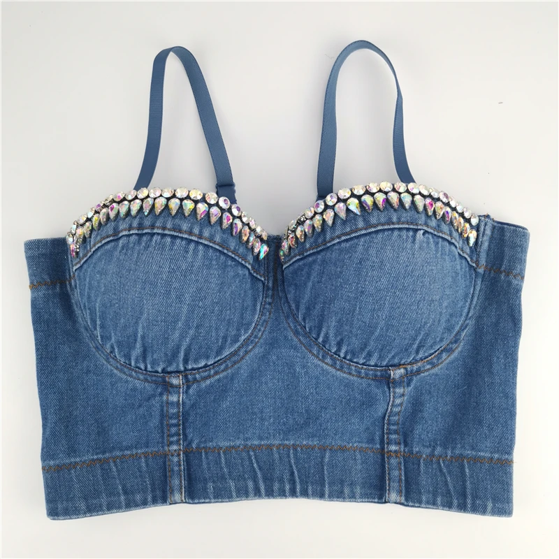 Hand made diamond Cowboy Push Up Denim Bustier Tops female Ripped Sexy Cropped Feminino Strappy Bralette Bras Camis Tops Crops