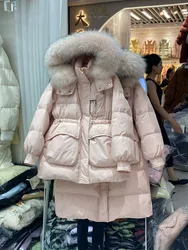 2025 Down Big Natural Raccoon Fur Collar Parka New Pocket White Duck Down Winter Jacket Women Thick Warm Parkas Female Outerwear
