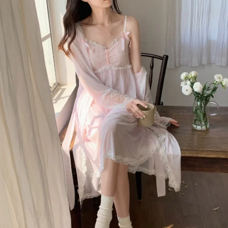 

Sweet Solid Color Full Sleeve Peignoir Lace Sexy Night Dress Women Purple Pink Long Sleeve Sleepwear Two Pieces Summer Robe Sets