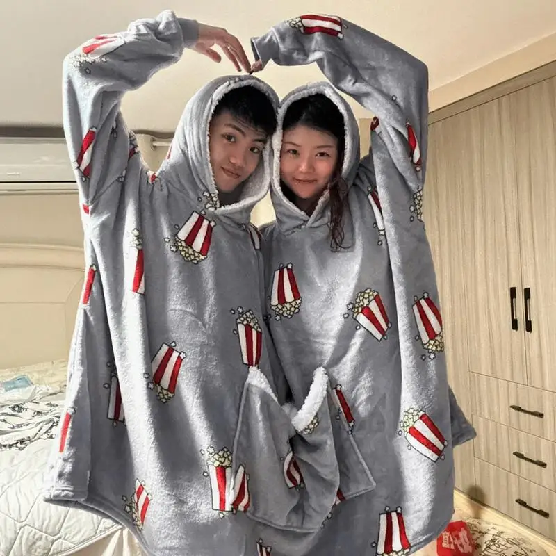 New Double Hoodie Blanket Long Sleeve Home Coral Fleece Sleepwear With Popcorn Pattern Blanket Hoodie For Two People Family