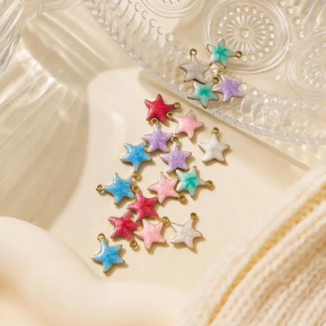 10-Piece Set of Waterproof Stainless Steel & Colorful Enamel Starfish Pendants for DIY Earring, Bracelet, and Jewelry Making