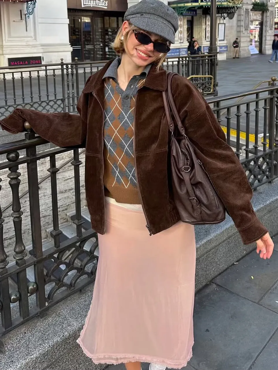 Chaqueta Corta de Pana Estilo Retro Americano para Mujer, Cuello de Trabajo, Manga Larga, Ajustada a la Cintura, Entallada