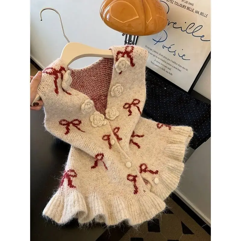 Women's 2026 Autumn Winter New Bow Jacquard Knit V Neck 3D Flower Sleeveless Cardigan Vest Petite Korean Elegant Thick Warm Top