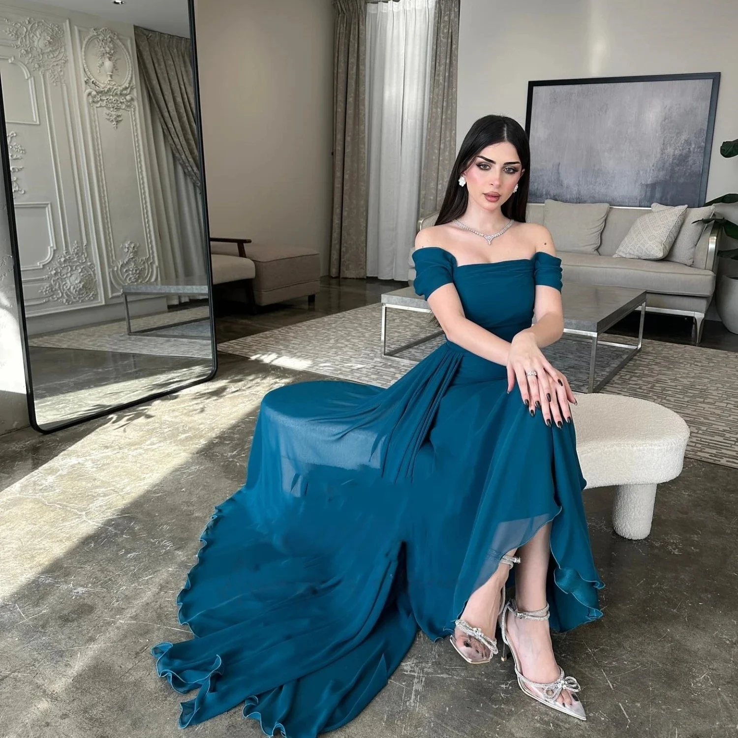 청록색 쉬폰 여성 롱 맞춤형 행사 드레스 이브닝 드레스 파스트롤 유니섹스 저지 레트로 두바이 사우디 아라비아 프롬 맞춤 제작