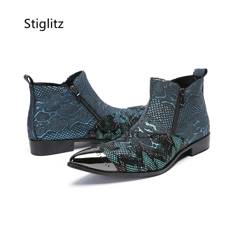 

Blue Snake Pattern Prints Chelsea Boots Men's Metal Pointed Toe Genuine Leather Ankle Boots Side Zipper British Shoes for Men
