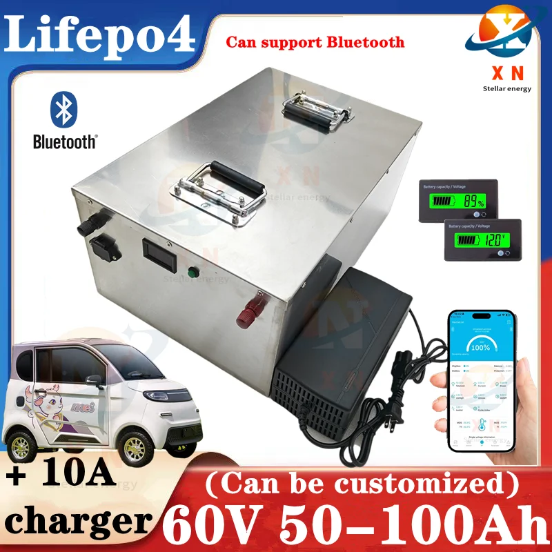 60V 50Ah 100Ah LiFePO4 Battery Pack Built-in Bluetooth BMS Lithium Iron Phosphate For Solar Golf Cart RV Storage Boat