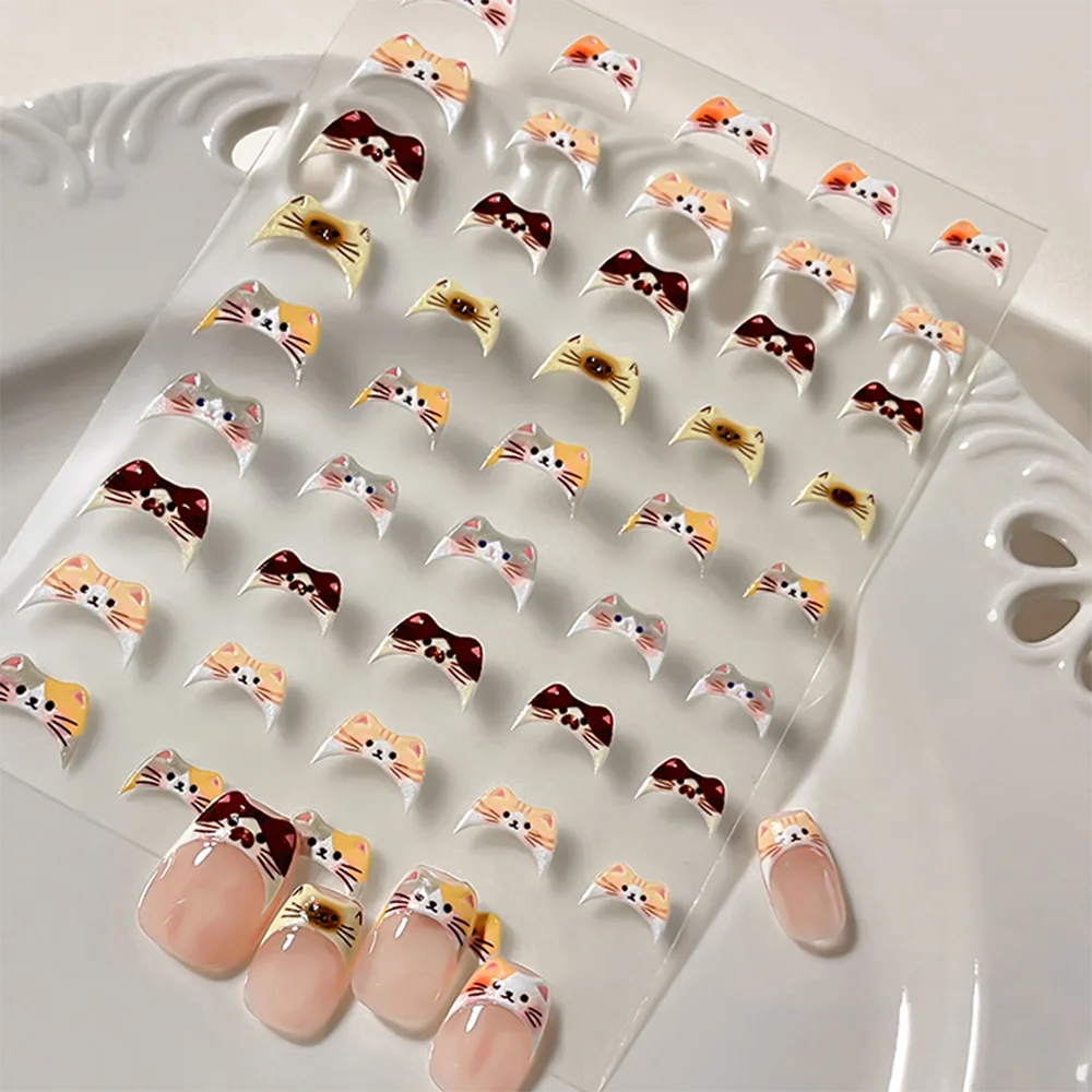 1-2 Stück 5D Kawaii Katzen-French-Nagelaufkleber Y2K Süße kleine Katzen-Nagelsticker 8*10cm Niedliche Katzen-French-Nail-Art-Slider-Dekoration 8R$ – Detail 1