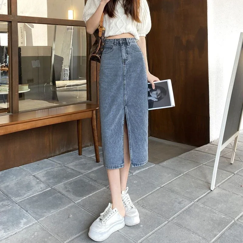 Skirts for Woman Tight Women's Skirt Denim Midi Clothes with Slit Jeans Pencil Wrap High Waist Summer 2024 Premium Cheap A Line