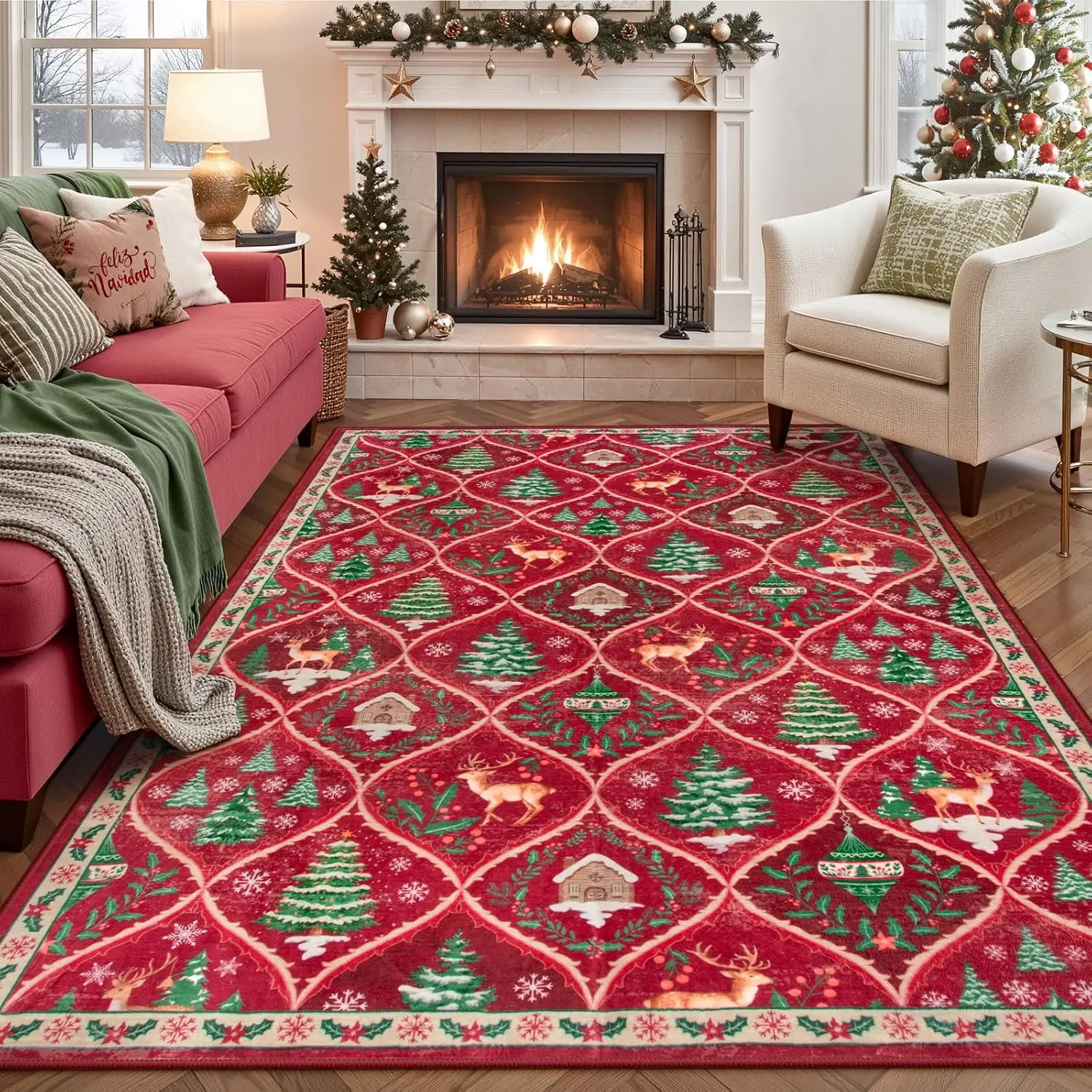 Christmas Living Room Rug,Print Christmas Reindeer Rugs for Bedroom Aesthetic Large Washable Carpet, Soft Xmas Tree Resistance
