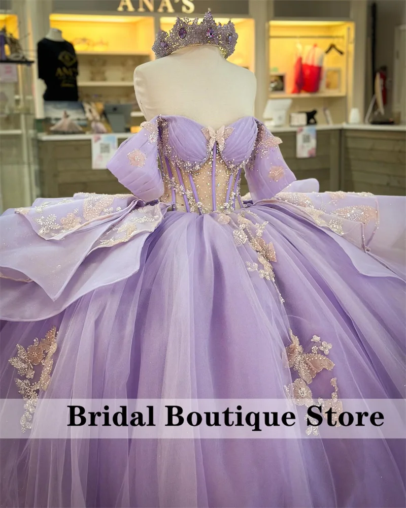 Lavender Purple Quinceanera Dresses Flower Butterfly Appliques Crystals Beading Sequins Sweet 16 Dresses Ball Gown Customized