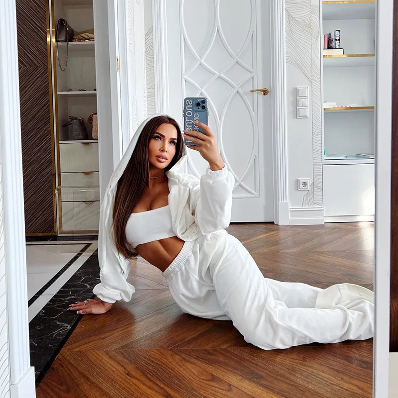 Women's Hooded Casual Hoodie Elastic Pants Two-Piece Set Long Sve Zipper Cotton Blend Spring Faion Outfit
