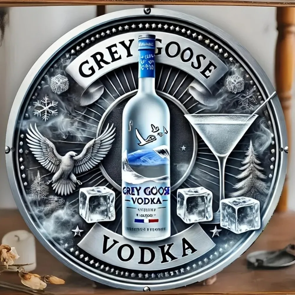 Vintage Grey Goose Vodka Metal Wall Art, Round Retro Bar Themed Decorative Tin Sign, Rustic Pub Themed Metal Plaque for Man Cave
