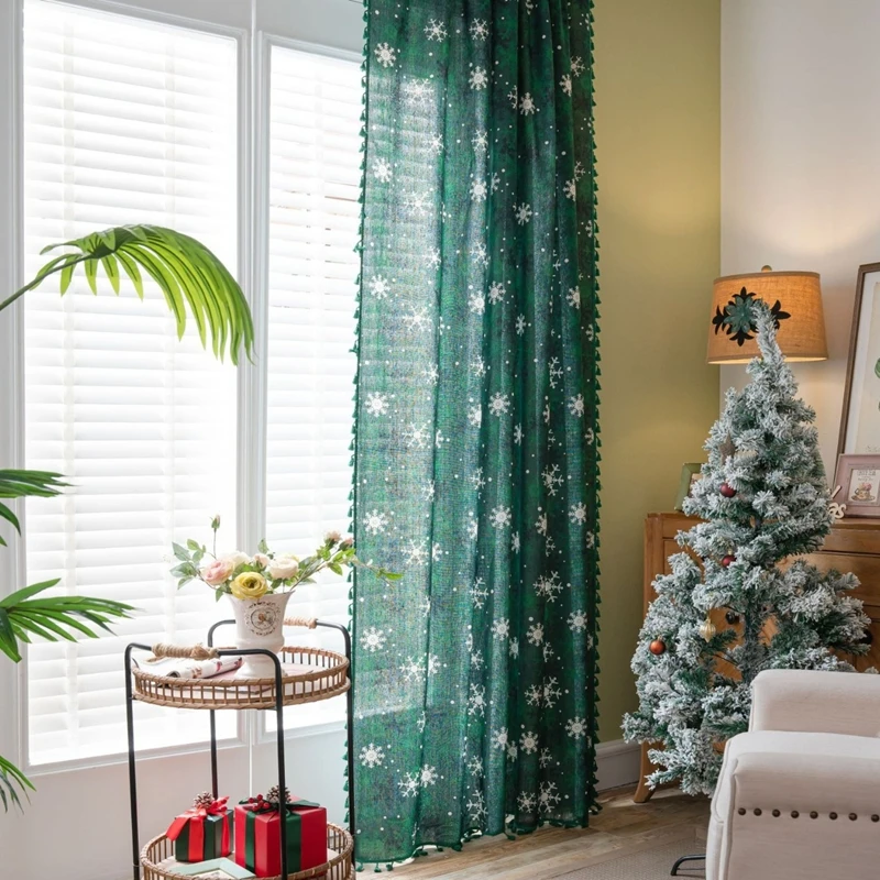 Curtains Finished Green Snowflake Christmas Semi-blackout Kitchen Valance Partition Curtain Bedroom Living Room Bay Window Decor