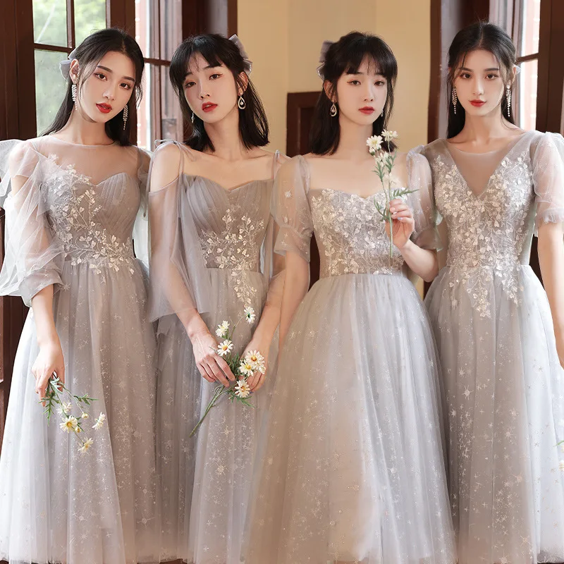 

Gray Mesh Pleated Prom Party Dress Gown Perspective Flower Appliques Cheongsam Halter Bowknot Sashes Qipao Back Sexy Vestidos