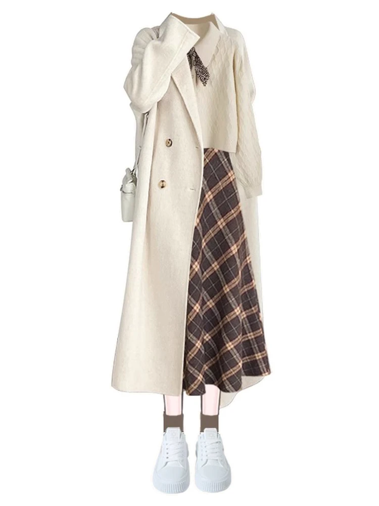 Automne grande taille femmes Yadan Sle tricoté Dr ensemble avec pull jupe à carreaux t-shirt pièce costume décontracté taille haute a-li...