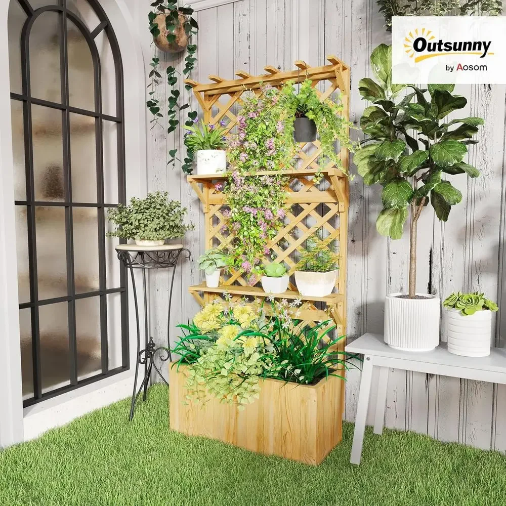 Wooden Planter with Trellis, Raised Garden Bed, Hanging Rack, Drainage, 30 x 13 x 70, Natural