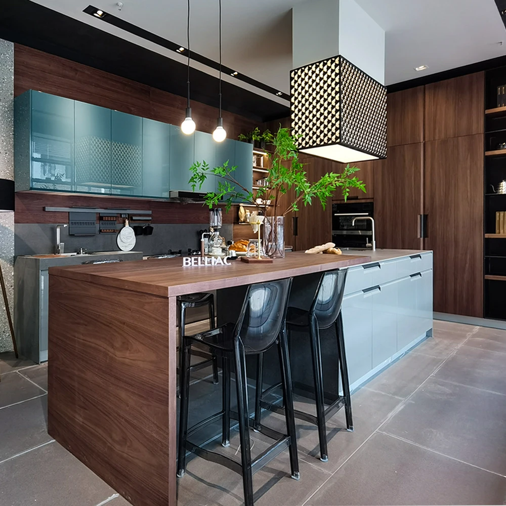 #Contemporary Two-Tone Kitchen Cabinet Set Walnut Wood Veneer + Grey Lacquer Upper Cabinets