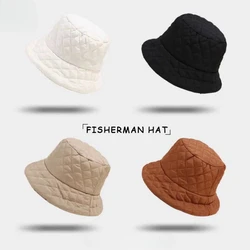 Large Ultra-light Down Cotton Rhombus Fisherman Hat Women Winter Cotton Warm Korean Casual Fashion Luxury Bucket Hat Panama Cap